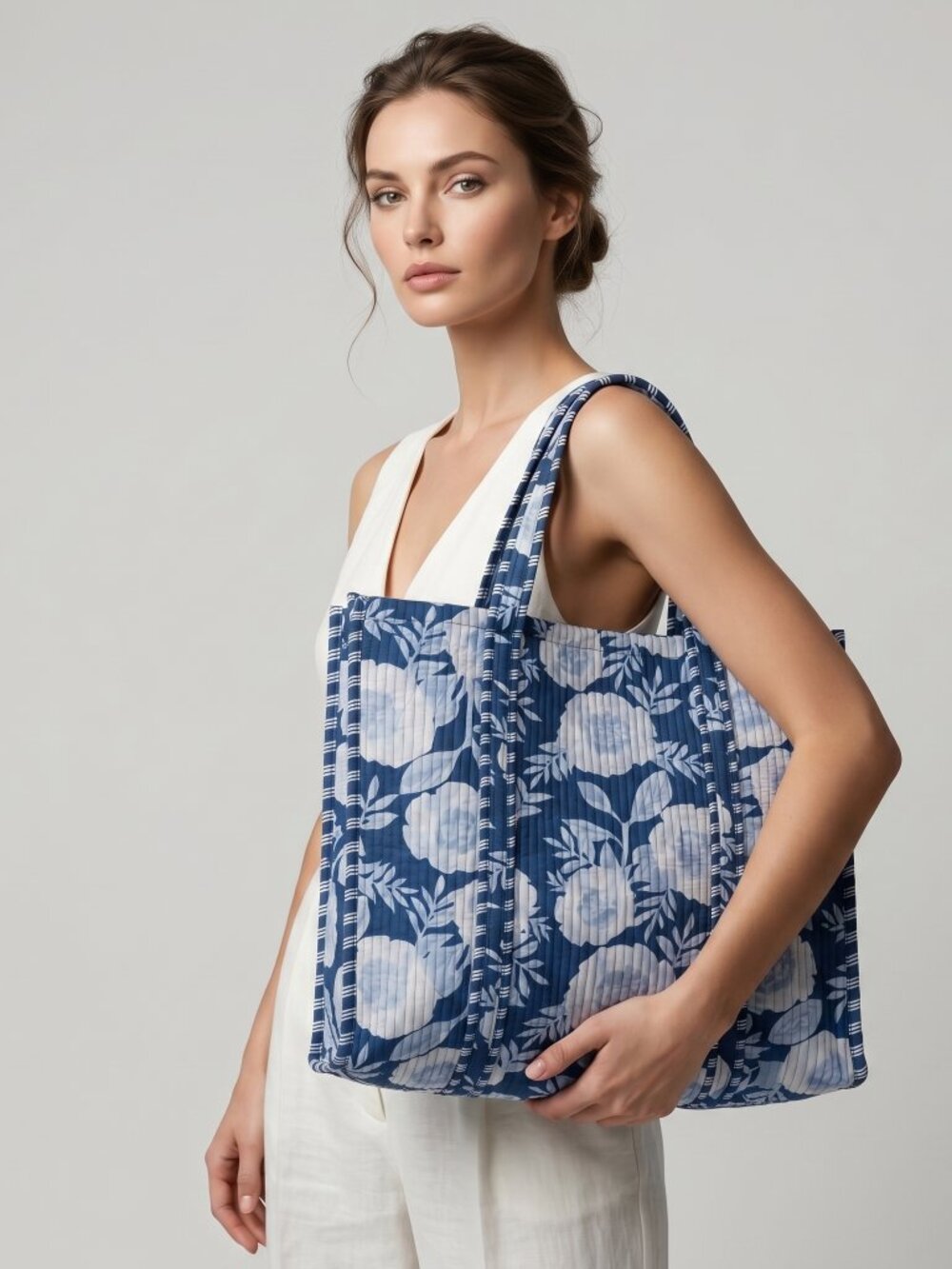 Floral Block Printed Tote Bag, Cotton Quilted Travel Bag, Eco Friendly Tote Bag